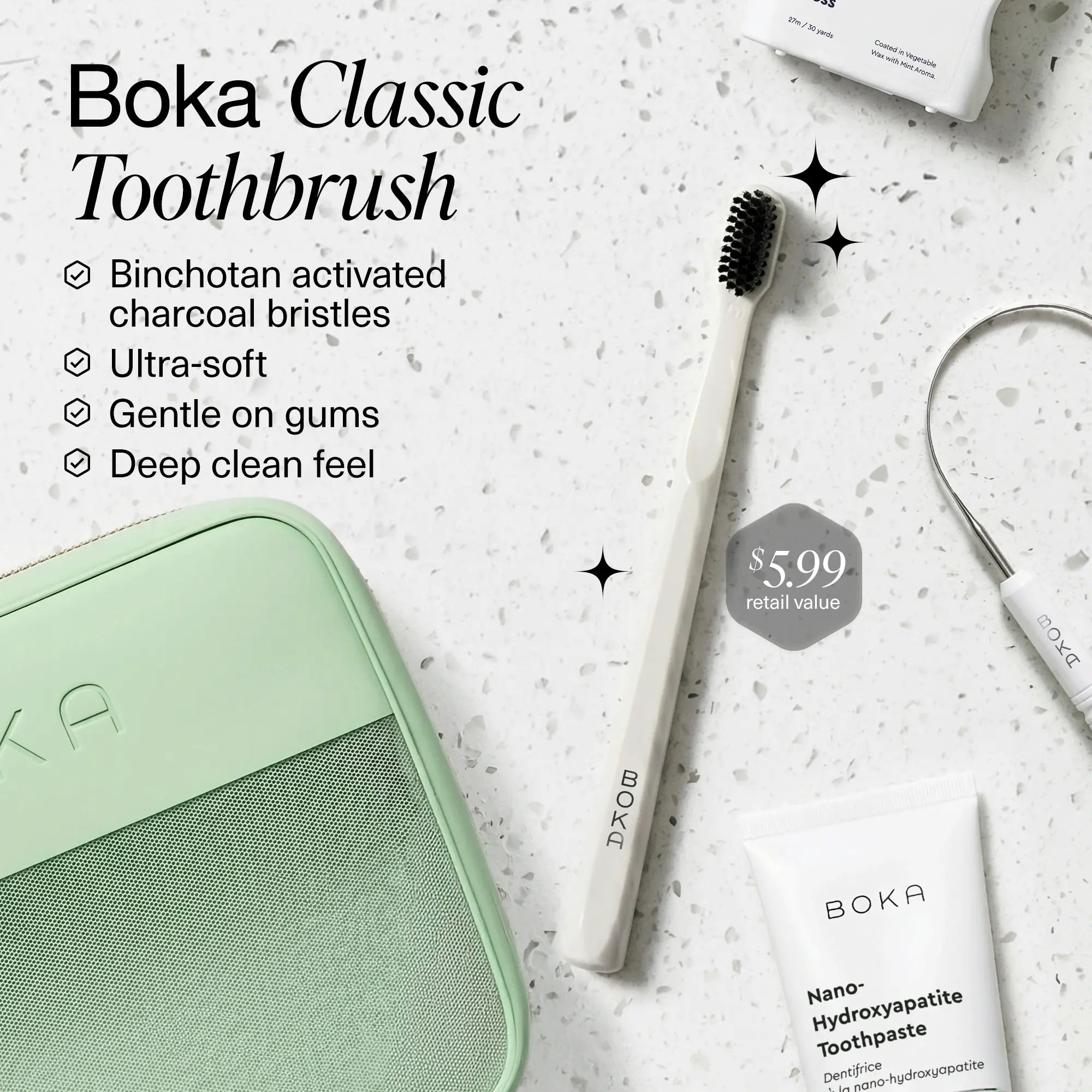 NEW Boka Toiletry Kit Limited Edition Tiktok Shop Exclusive | the 2026 Wellness Reset Oral Care Kit: Ela Mint N-Ha Toothpaste, Charcoal Toothbrush, Stainless Tongue Scraper, Floss, Fluoride-Free, Sls-Free, Paraben-Free