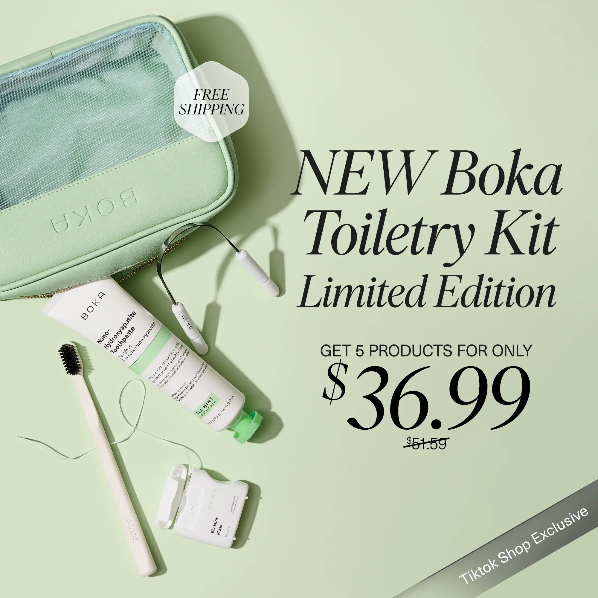 NEW Boka Toiletry Kit Limited Edition Tiktok Shop Exclusive | the 2026 Wellness Reset Oral Care Kit: Ela Mint N-Ha Toothpaste, Charcoal Toothbrush, Stainless Tongue Scraper, Floss, Fluoride-Free, Sls-Free, Paraben-Free