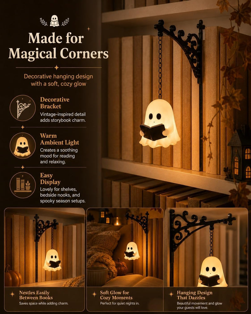 Ghost Bookshelf Lantern, Cute Ghost Reading Book Lamp, Ghosts Reading Statue Halloween Decor Lamp, for Bookshelves, Browsing Nooks, Halloween Displays, Gentle Warm LED Night Light