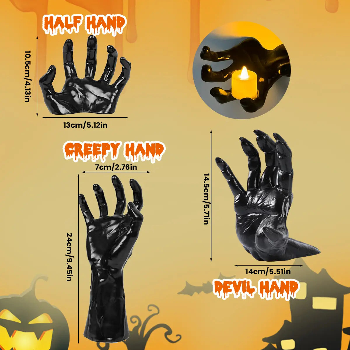 Halloween Decorations Set of 3 Wall Mounted Creepy Reaching Hands with LED Lighted Candles Life-Sized Horror Hands for Wall Decorations Scary Halloween Ornaments Spooky Set Realistic Design Safe Durable Materials Multifunctional Gothic Pack