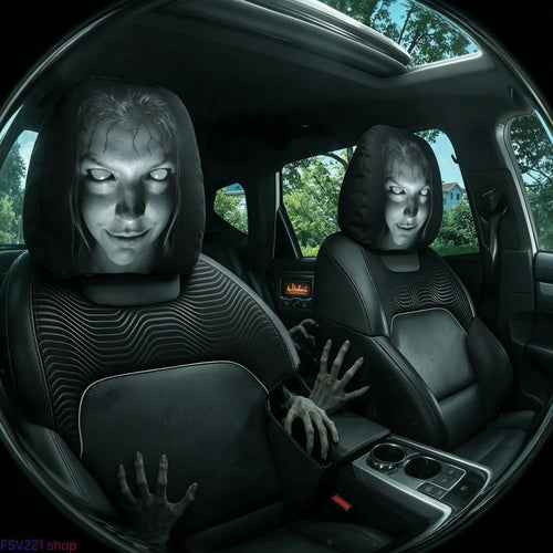 2-Pack Creepy Horror Ghost Face Car Headrest Covers, Slip-On Stretch Fabric Automotive Decoration for Spooky Pranks & Halloween Decorations, Car Decorations, Vehicle Decoration Campingessentials