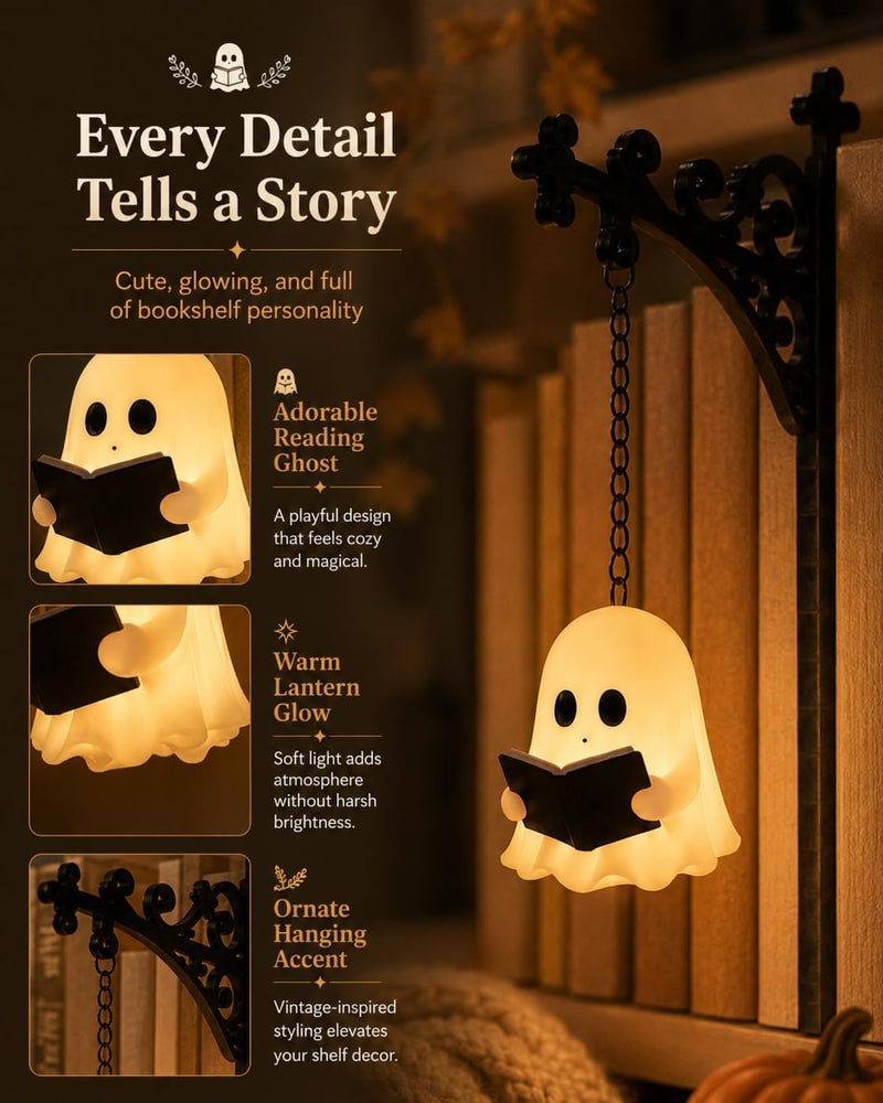 Ghost Bookshelf Lantern, Cute Ghost Reading Book Lamp, Ghosts Reading Statue Halloween Decor Lamp, for Bookshelves, Browsing Nooks, Halloween Displays, Gentle Warm LED Night Light