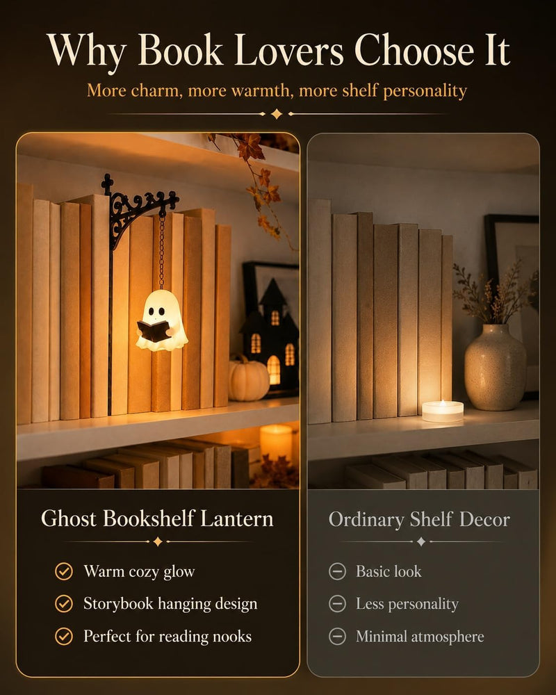 Ghost Bookshelf Lantern, Cute Ghost Reading Book Lamp, Ghosts Reading Statue Halloween Decor Lamp, for Bookshelves, Browsing Nooks, Halloween Displays, Gentle Warm LED Night Light