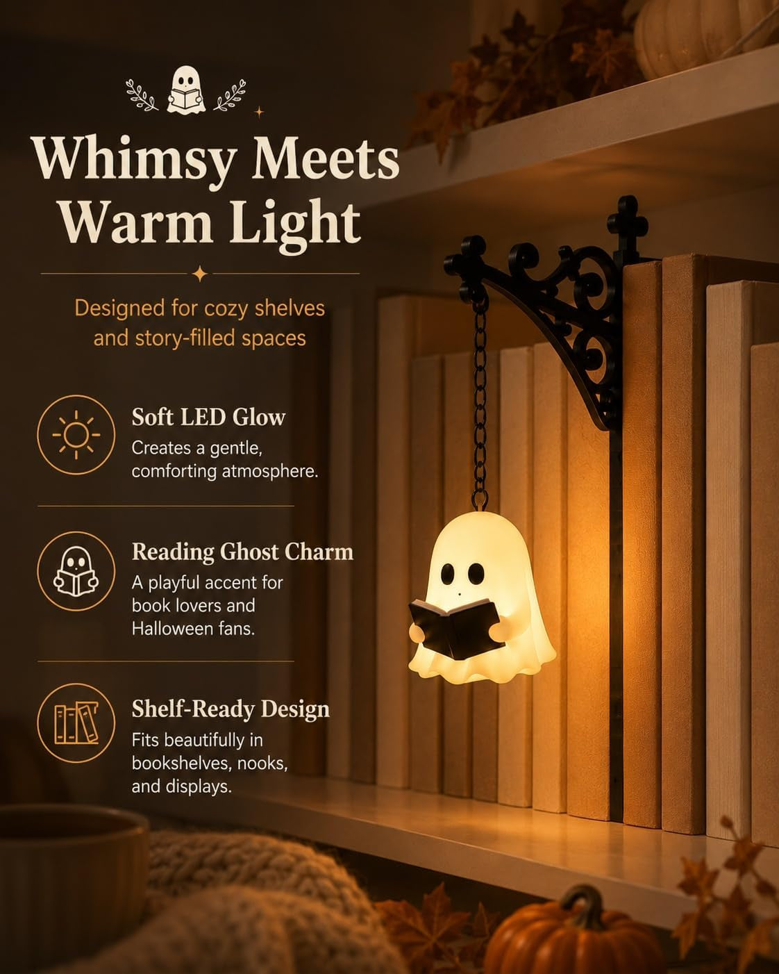 Ghost Bookshelf Lantern, Cute Ghost Reading Book Lamp, Ghosts Reading Statue Halloween Decor Lamp, for Bookshelves, Browsing Nooks, Halloween Displays, Gentle Warm LED Night Light