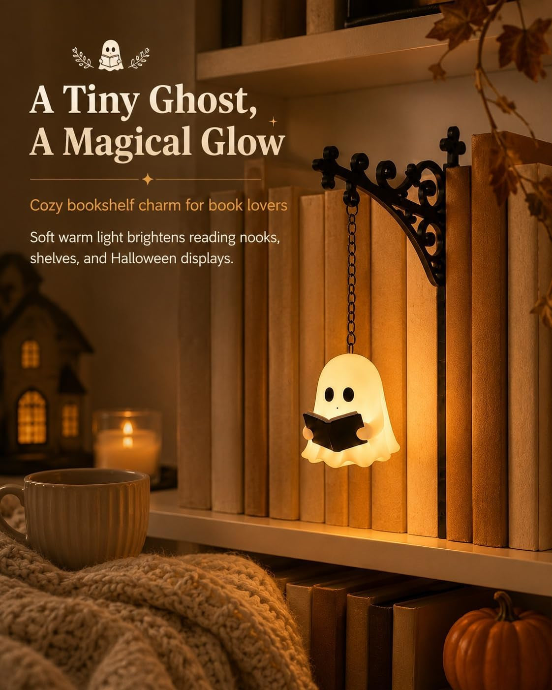 Ghost Bookshelf Lantern, Cute Ghost Reading Book Lamp, Ghosts Reading Statue Halloween Decor Lamp, for Bookshelves, Browsing Nooks, Halloween Displays, Gentle Warm LED Night Light