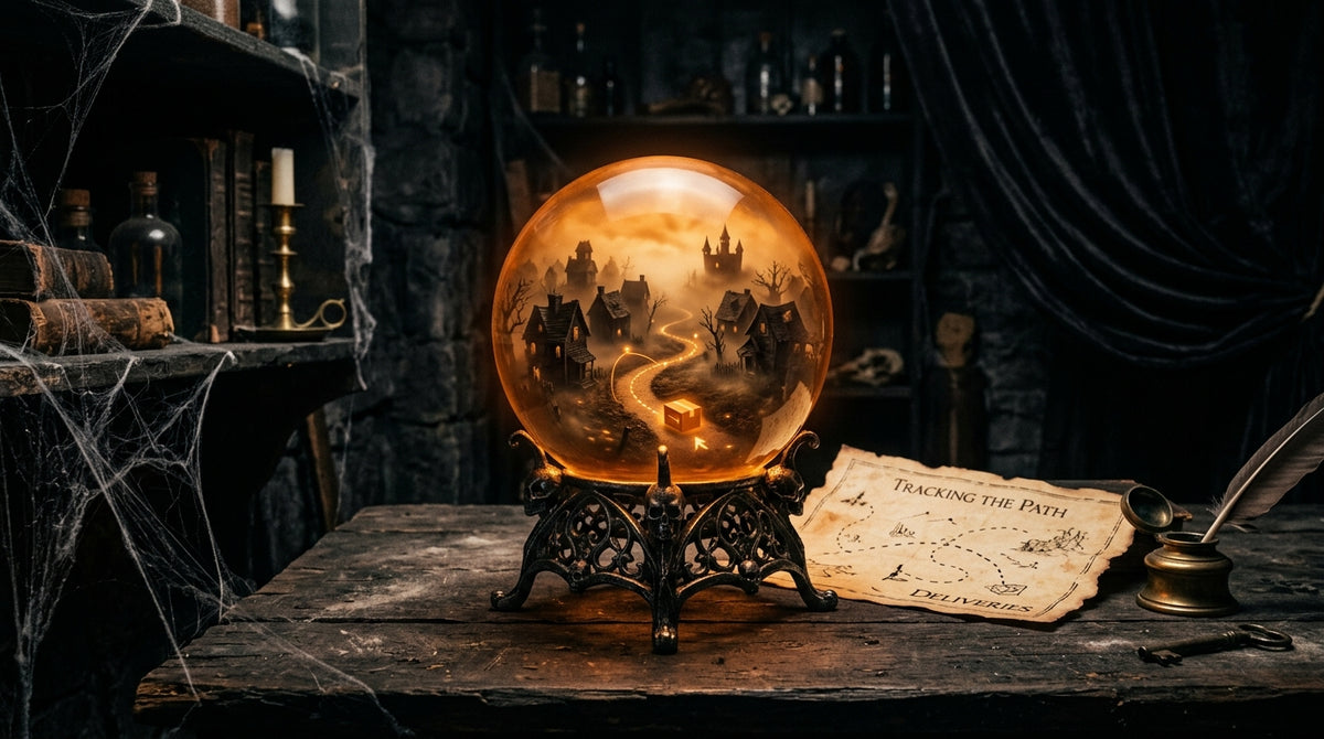 Gothic crystal ball showing a glowing delivery path through a miniature haunted village