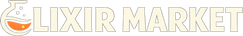 ElixirMarket logo — flask as the E with glowing orange potion liquid