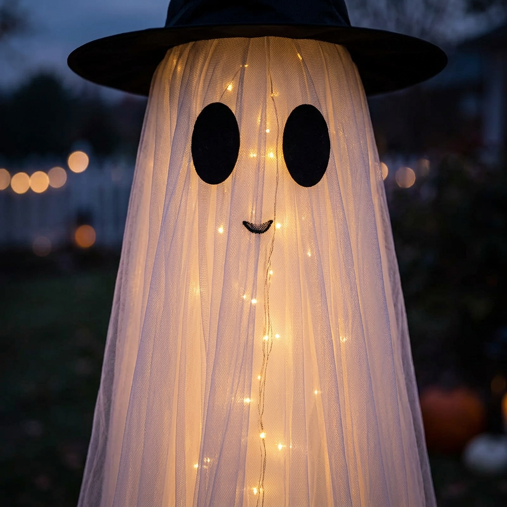 Close-up of ghost fabric texture and LED string light details