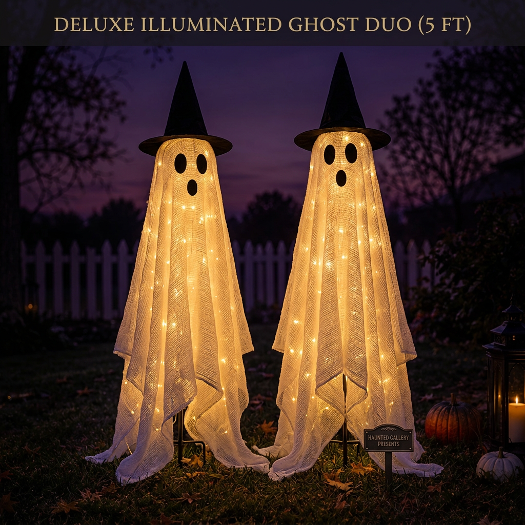 Two ghost yard decorations with glowing LED string lights on a dark lawn