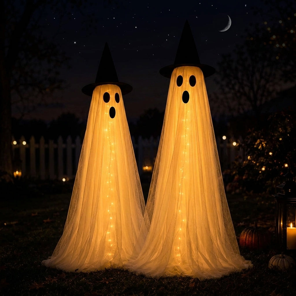 Ghost decorations glowing with LED string lights at nighttime