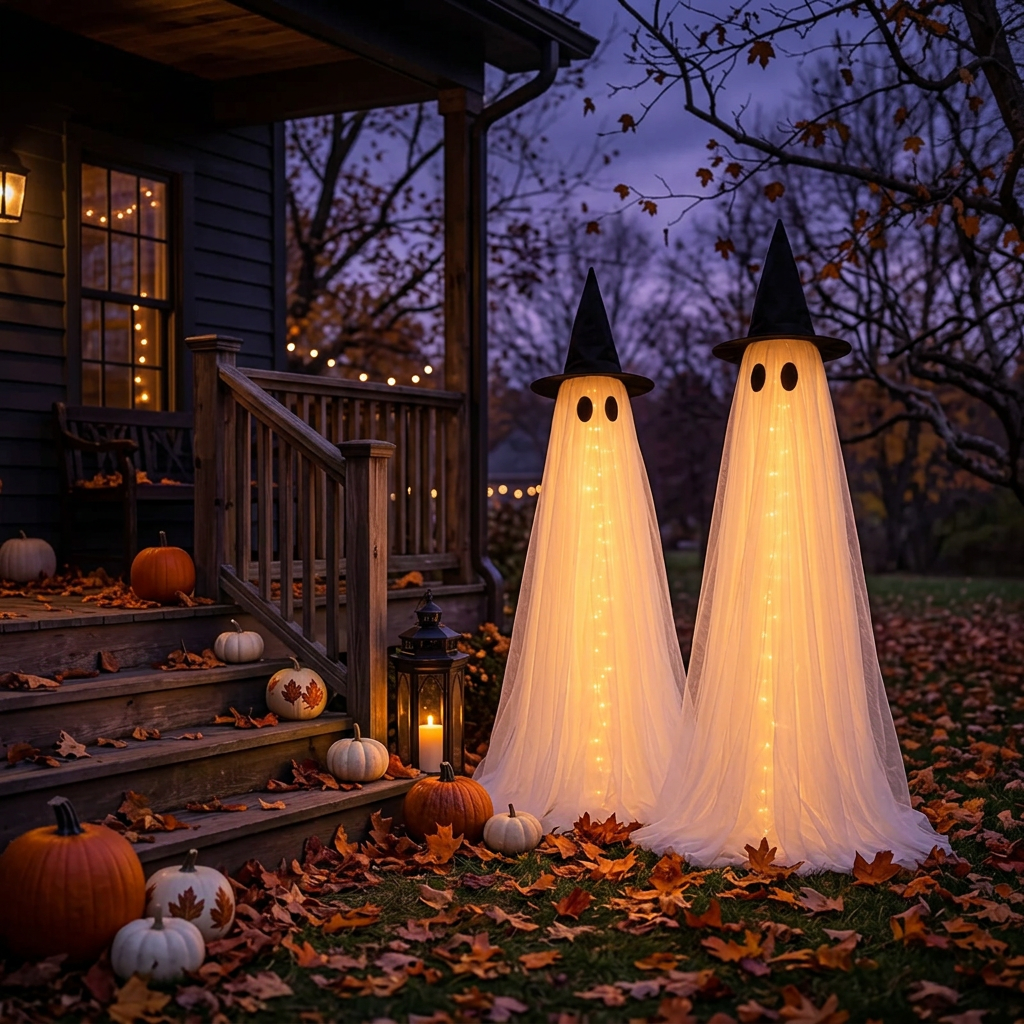 Ghost decorations in an autumn yard with porch and fallen leaves