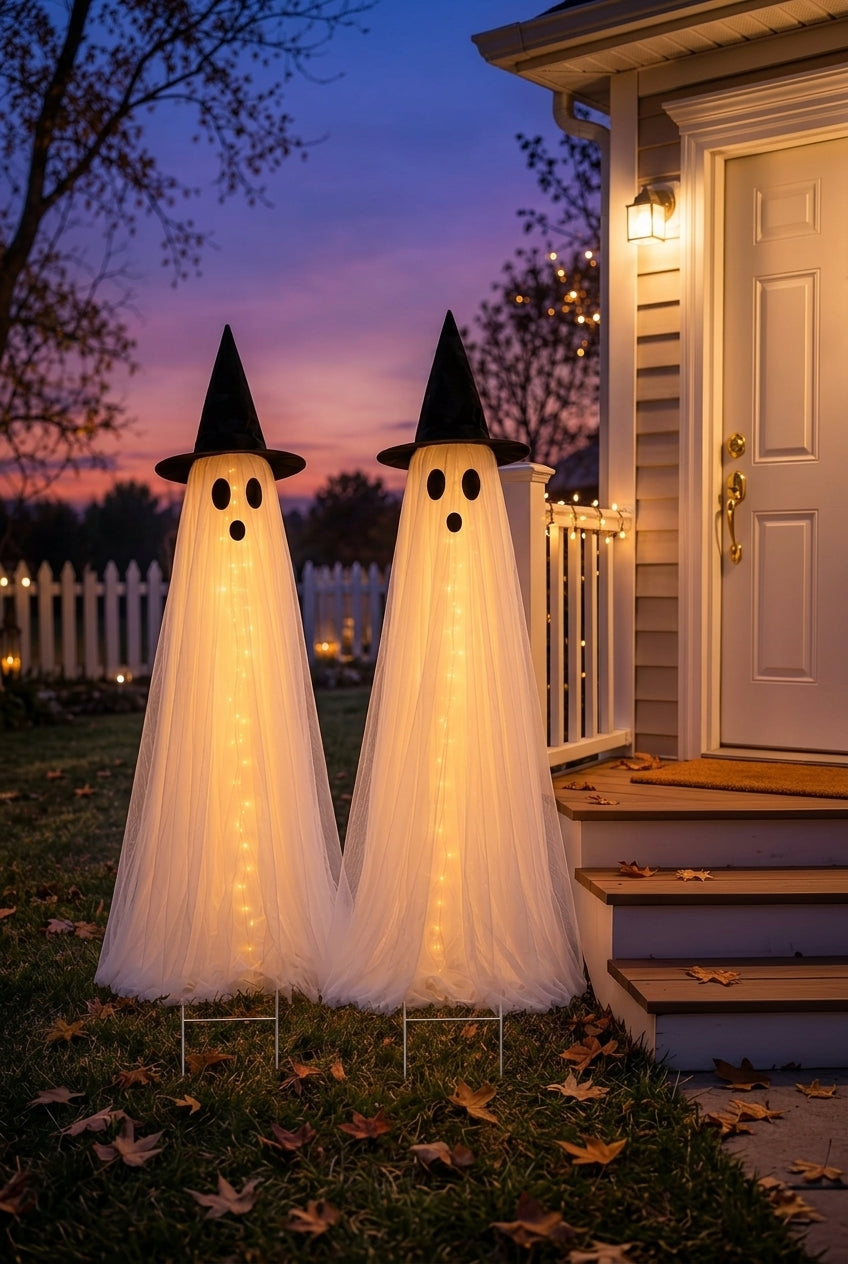 Full-size ghost decorations next to a door for scale reference